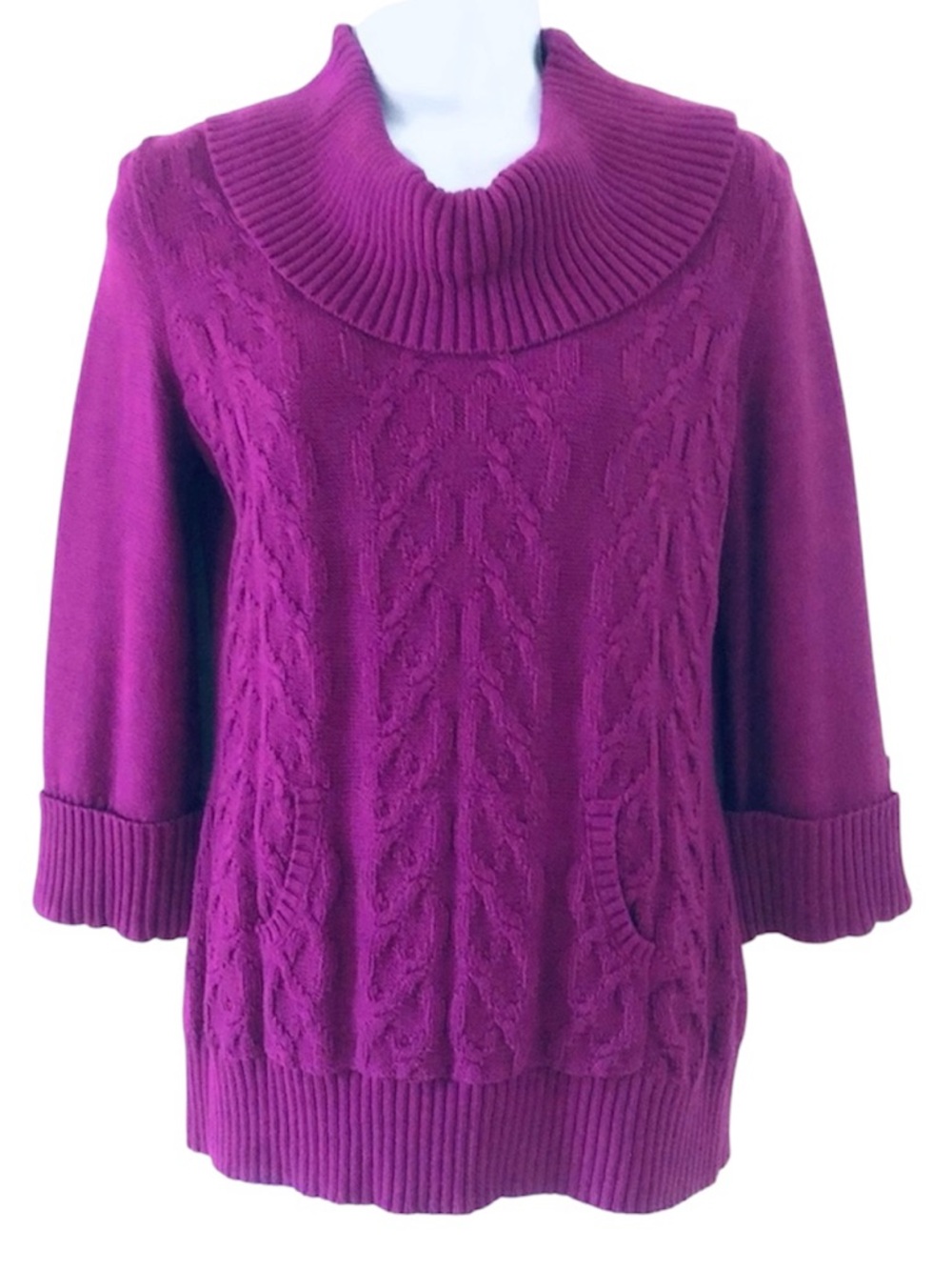 Style&Co Magenta Cable Knit Pullover Sweater 3/4 Sleeve Cowl Neck